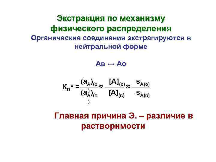 Экстракция по механизму физического распределения Органические соединения экстрагируются в нейтральной форме Ав ↔ Ао