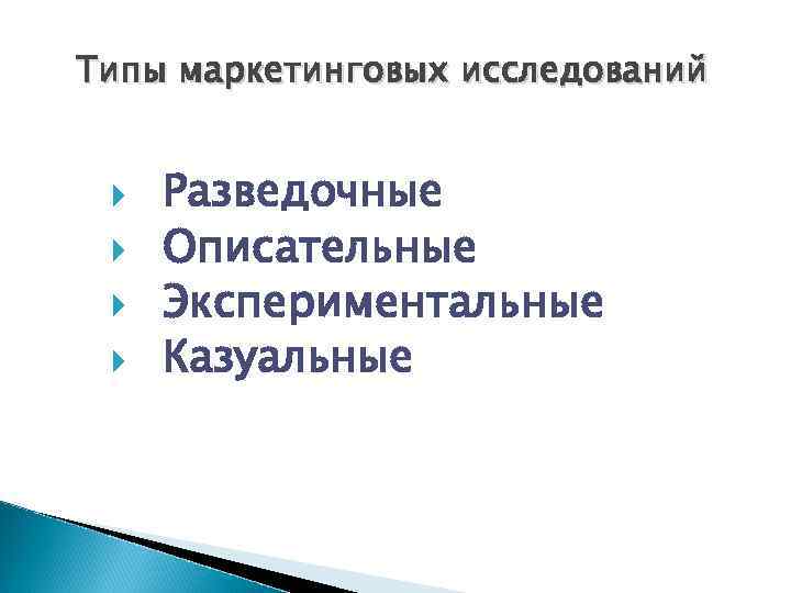 Типы маркетинговых исследований Разведочные Описательные Экспериментальные Казуальные 