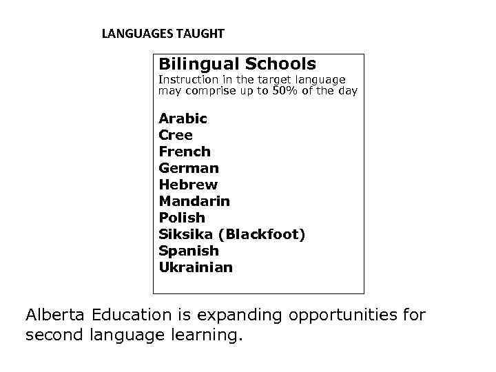 LANGUAGES TAUGHT Bilingual Schools Instruction in the target language may comprise up to 50%