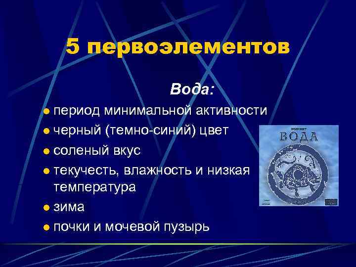 5 первоэлементов Вода: период минимальной активности l черный (темно-синий) цвет l соленый вкус l