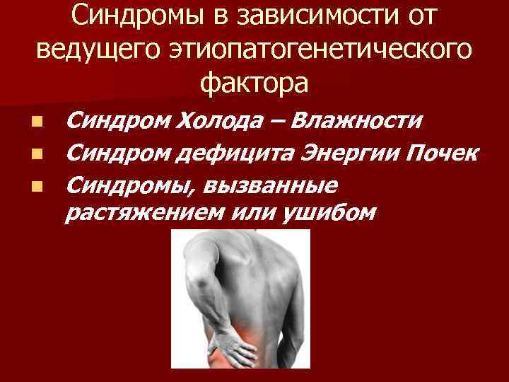 Синдромы в зависимости от ведущего этиопатогенетического фактора n n n Синдром Холода – Влажности