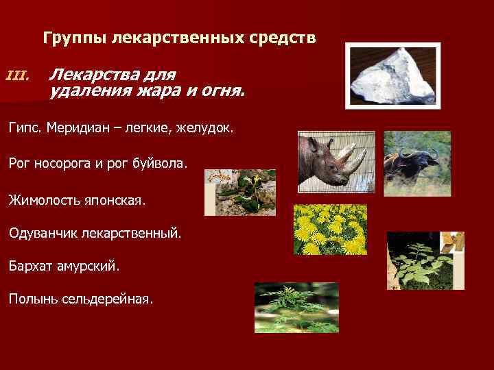 Группы лекарственных средств III. Лекарства для удаления жара и огня. Гипс. Меридиан – легкие,