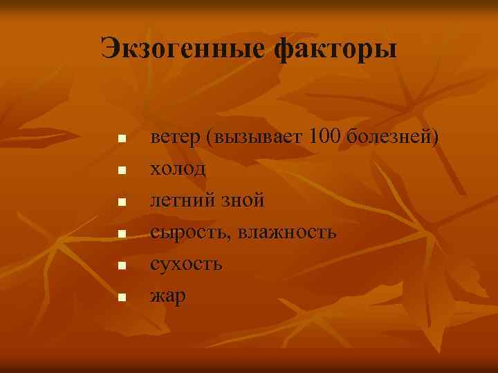 Экзогенные факторы n n n ветер (вызывает 100 болезней) холод летний зной сырость, влажность