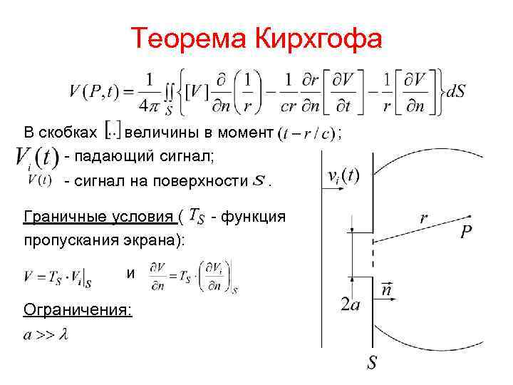 Теорема Кирхгофа В скобках величины в момент - падающий сигнал; - сигнал на поверхности.