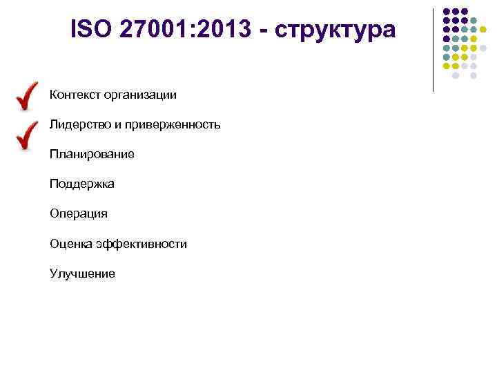 ISO 27001: 2013 - структура Контекст организации Лидерство и приверженность Планирование Поддержка Операция Оценка