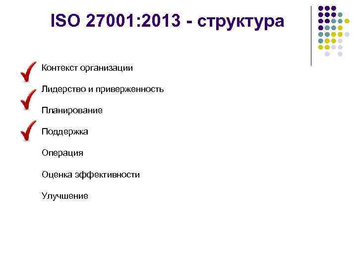 ISO 27001: 2013 - структура Контекст организации Лидерство и приверженность Планирование Поддержка Операция Оценка