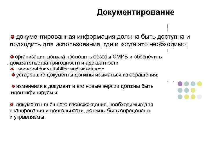 Документирование документированная информация должна быть доступна и подходить для использования, где и когда это