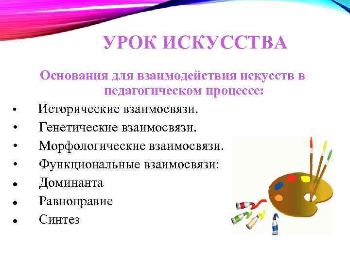 УРОК ИСКУССТВА • • Основания для взаимодействия искусств в педагогическом процессе: Исторические взаимосвязи. Генетические