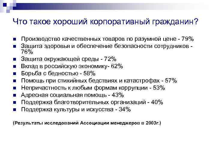 Что такое хороший корпоративный гражданин? n n n n n Производство качественных товаров по