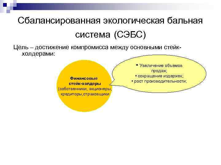 Сбалансированная экологическая бальная система (СЭБС) Цель – достижение компромисса между основными стейк холдерами: •