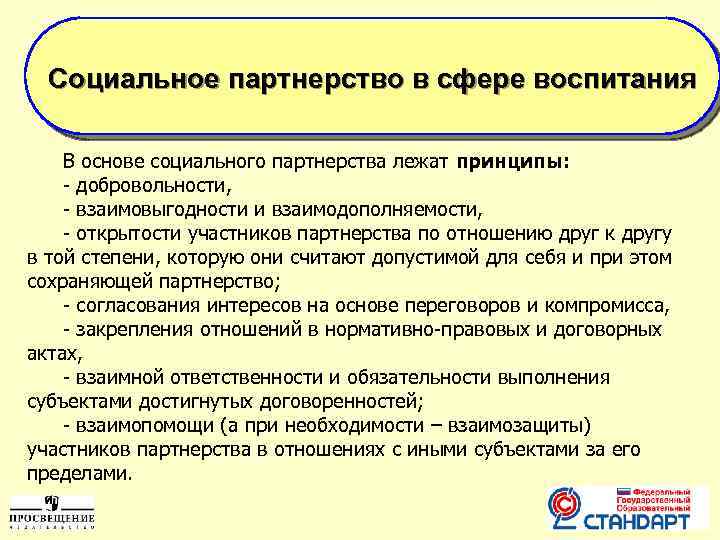 Социальное партнерство в сфере воспитания В основе социального партнерства лежат принципы: - добровольности, -