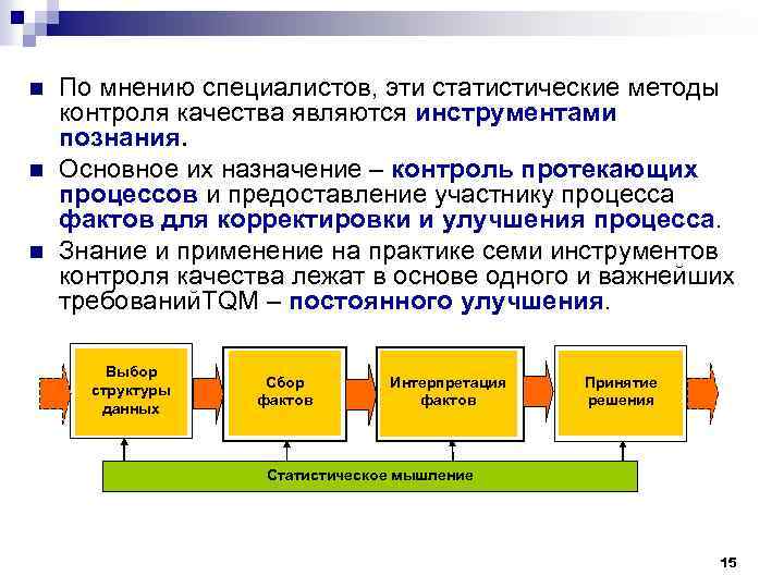 n n n По мнению специалистов, эти статистические методы контроля качества являются инструментами познания.