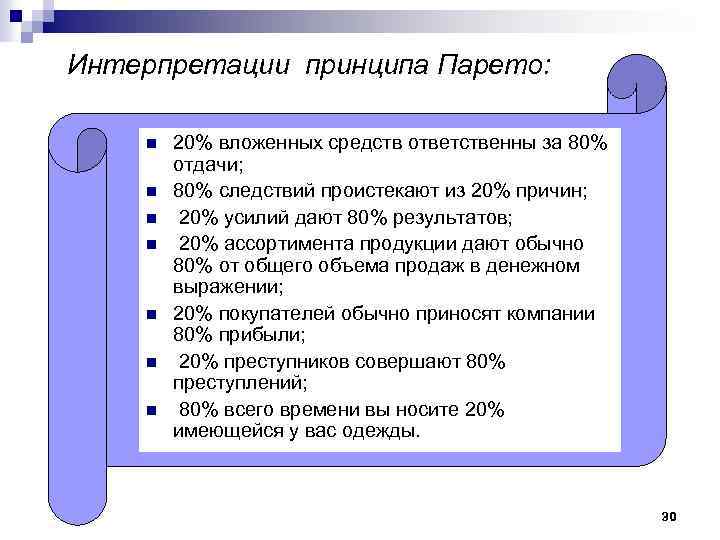 Интерпретации принципа Парето: n n n n 20% вложенных средств ответственны за 80% отдачи;