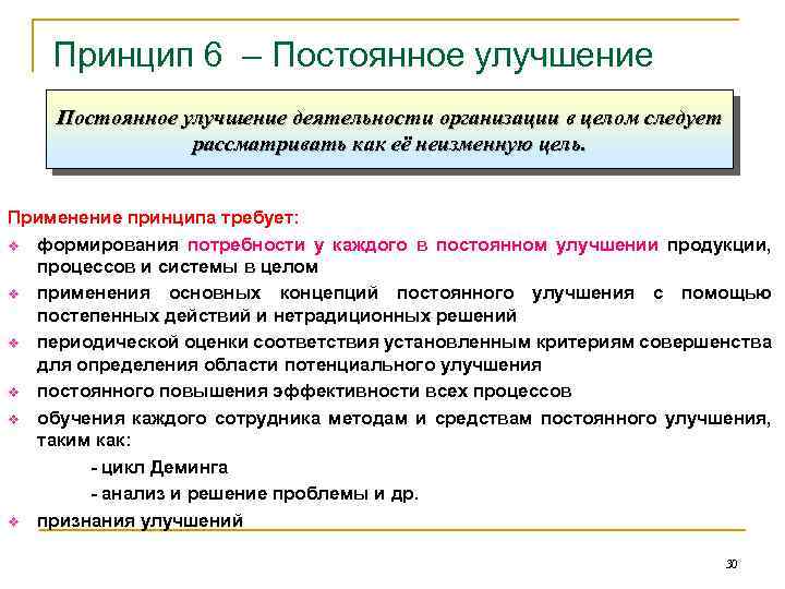 Принцип 6 – Постоянное улучшение деятельности организации в целом следует рассматривать как её неизменную