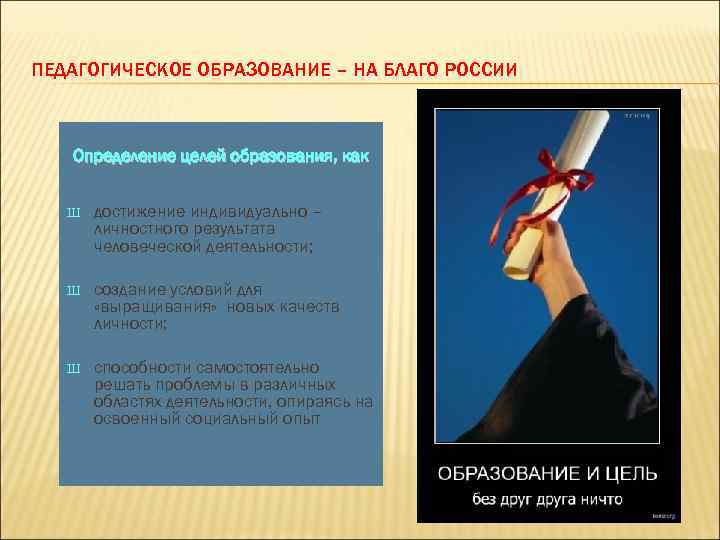 ПЕДАГОГИЧЕСКОЕ ОБРАЗОВАНИЕ – НА БЛАГО РОССИИ Определение целей образования, как Ш достижение индивидуально –