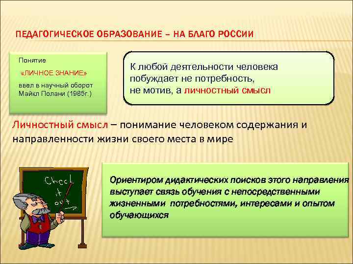 ПЕДАГОГИЧЕСКОЕ ОБРАЗОВАНИЕ – НА БЛАГО РОССИИ Понятие К любой деятельности человека «ЛИЧНОЕ ЗНАНИЕ» побуждает