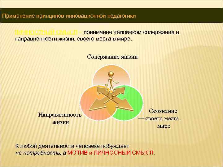 Применение принципов инновационной педагогики ЛИЧНОСТНЫЙ СМЫСЛ – понимание человеком содержания и направленности жизни, своего