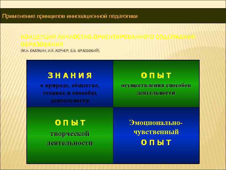 Применение принципов инновационной педагогики КОНЦЕПЦИЯ ЛИЧНОСТНО-ОРИЕНТИРОВАННОГО СОДЕРЖАНИЯ ОБРАЗОВАНИЯ (М. Н. СКАТКИН, И. Я. ЛЕРНЕР,