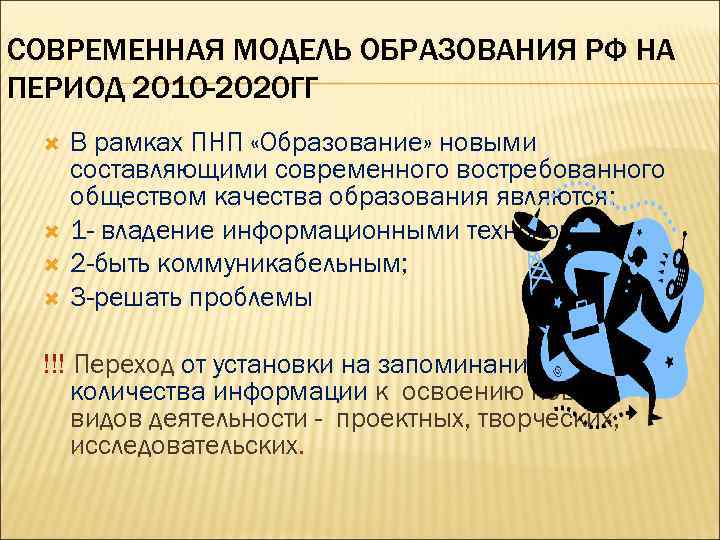 СОВРЕМЕННАЯ МОДЕЛЬ ОБРАЗОВАНИЯ РФ НА ПЕРИОД 2010 -2020 ГГ В рамках ПНП «Образование» новыми