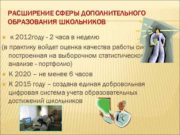  РАСШИРЕНИЕ СФЕРЫ ДОПОЛНИТЕЛЬНОГО ОБРАЗОВАНИЯ ШКОЛЬНИКОВ к 2012 году - 2 часа в неделю