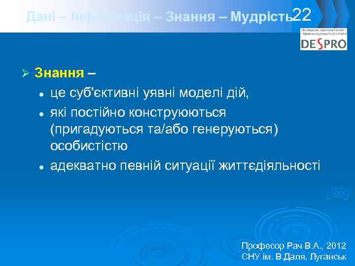 Дані – Інформація – Знання – Мудрість22 Ø Знання – l це суб'єктивні уявні