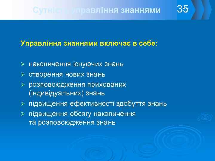 Сутність управління знаннями Управління знаннями включає в себе: Ø Ø Ø накопичення існуючих знань