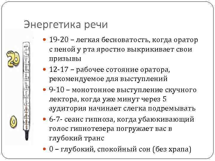 Энергетика речи 19 -20 – легкая бесноватость, когда оратор с пеной у рта яростно