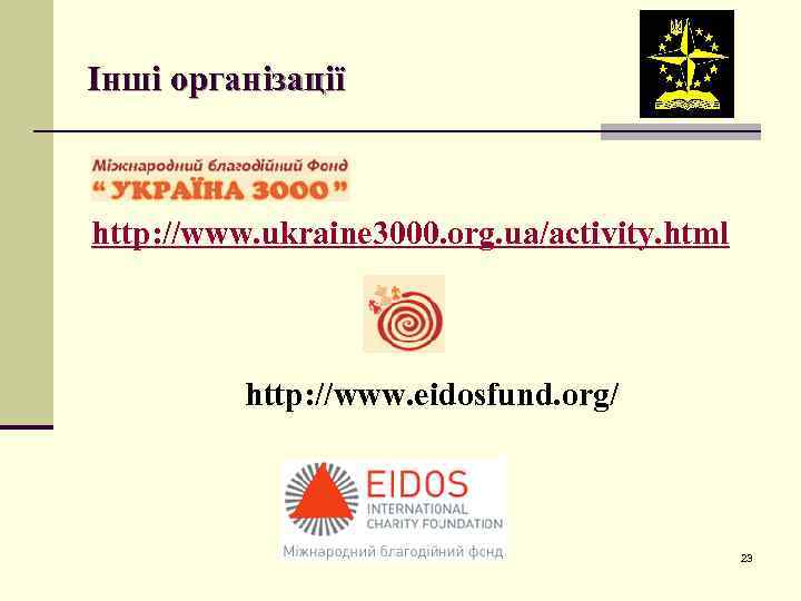 Інші організації http: //www. ukraine 3000. org. ua/activity. html http: //www. eidosfund. org/ 23