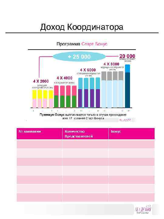 Доход Координатора № кампании Количество Представителей Бонус 