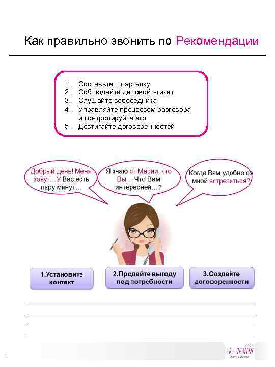 Как правильно звонить по Рекомендации 1. 2. 3. 4. 5. 1 Составьте шпаргалку Соблюдайте