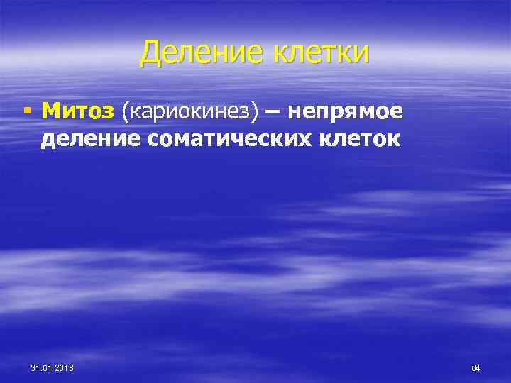 Деление клетки § Митоз (кариокинез) – непрямое деление соматических клеток 31. 01. 2018 64