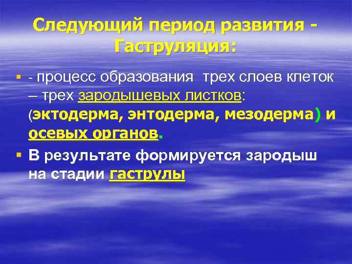 Следующий период развития Гаструляция: § - процесс образования трех слоев клеток – трех зародышевых