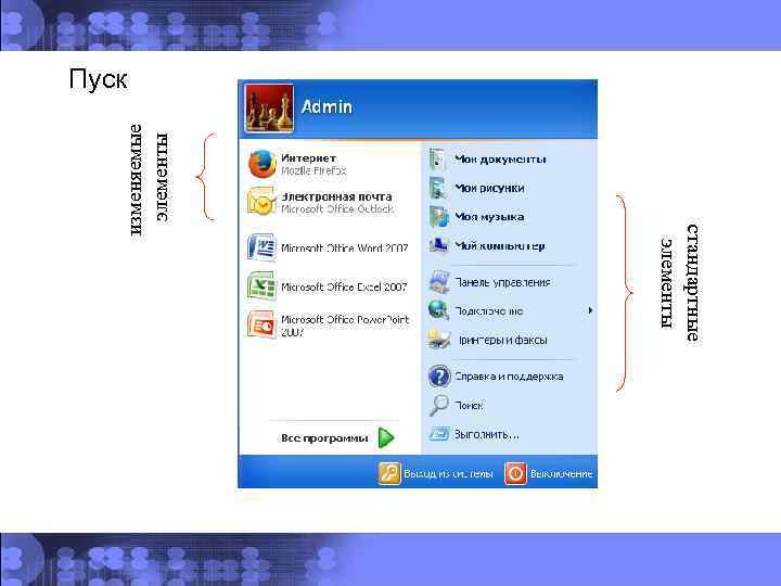 стандартные элементы изменяемые элементы Пуск 