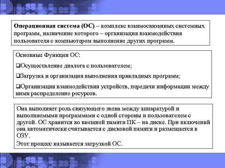 Операционная система (ОС) – комплекс взаимосвязанных системных программ, назначение которого – организация взаимодействия пользователя
