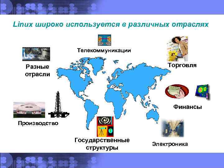 Linux широко используется в различных отраслях Телекоммуникации Торговля Разные отрасли Финансы Производство Государственные структуры