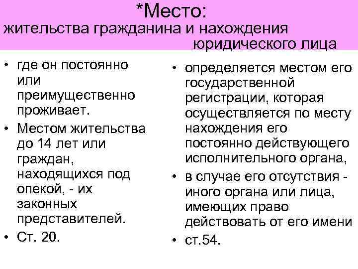 *Место: жительства гражданина и нахождения юридического лица • где он постоянно или преимущественно проживает.