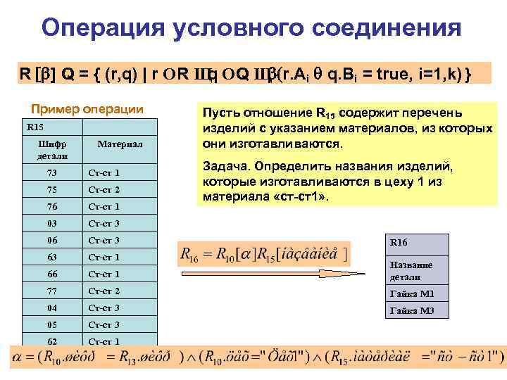 Операция условного соединения R [b] Q = { (r, q) | r О R