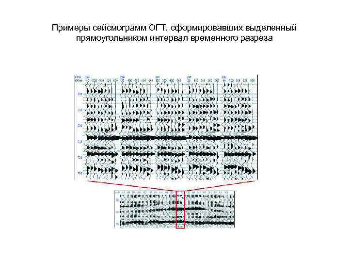 Примеры сейсмограмм ОГТ, сформировавших выделенный прямоугольником интервал временного разреза 