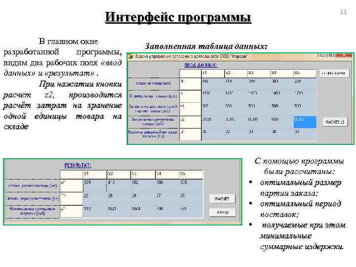Интерфейс программы В главном окне разработанной программы, видим два рабочих поля «ввод данных» и