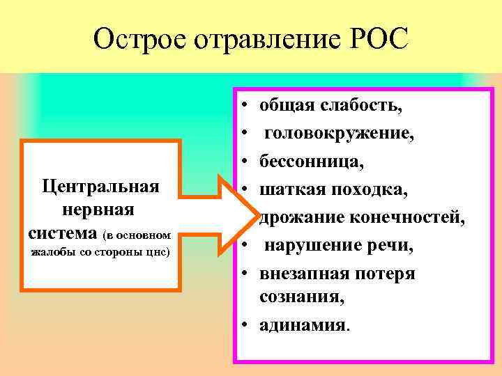 Острое отравление РОС Центральная нервная система (в основном жалобы со стороны цнс) • •