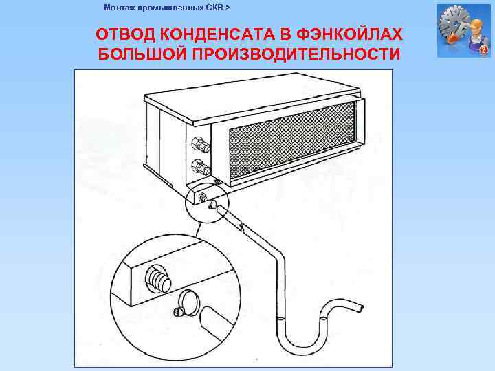Монтаж промышленных СКВ > ОТВОД КОНДЕНСАТА В ФЭНКОЙЛАХ БОЛЬШОЙ ПРОИЗВОДИТЕЛЬНОСТИ 