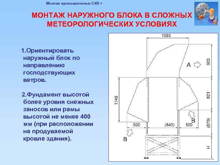Монтаж промышленных СКВ > МОНТАЖ НАРУЖНОГО БЛОКА В СЛОЖНЫХ МЕТЕОРОЛОГИЧЕСКИХ УСЛОВИЯХ 1. Ориентировать наружный