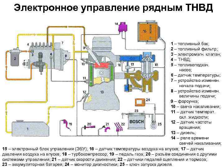 Электронное управление рядным ТНВД 1 – топливный бак; 2 – топливный фильтр; 3 –