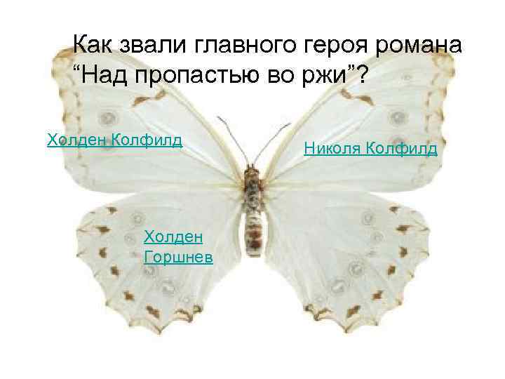 Как звали главного героя романа “Над пропастью во ржи”? Холден Колфилд Холден Горшнев Николя