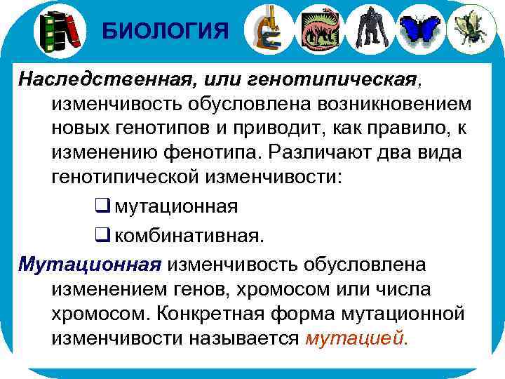 БИОЛОГИЯ Наследственная, или генотипическая, изменчивость обусловлена возникновением новых генотипов и приводит, как правило, к