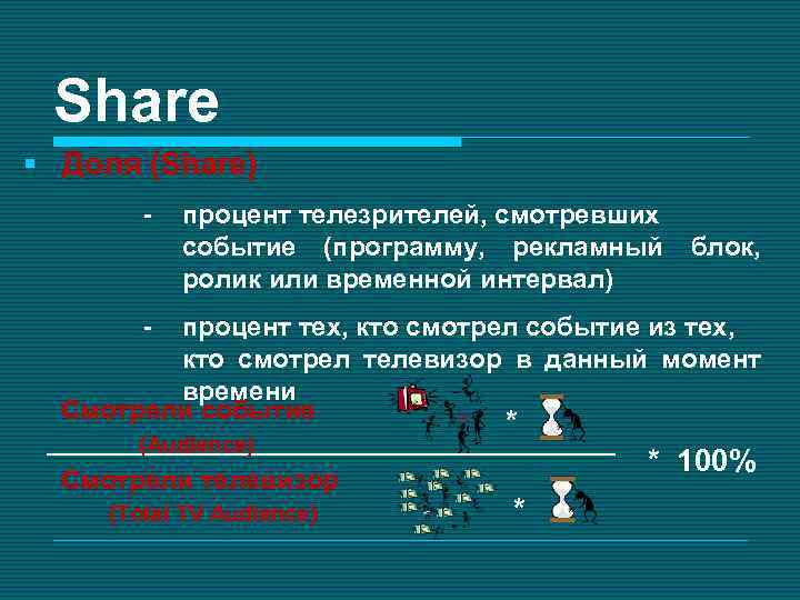 Share § Доля (Share) - процент телезрителей, смотревших событие (программу, рекламный ролик или временной