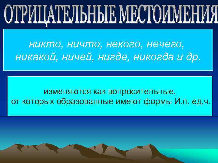 никто, ничто, некого, нечего, никакой, ничей, нигде, никогда и др. изменяются как вопросительные, от