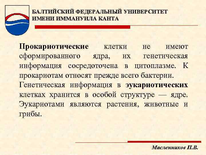 БАЛТИЙСКИЙ ФЕДЕРАЛЬНЫЙ УНИВЕРСИТЕТ ИМЕНИ ИММАНУИЛА КАНТА Прокариотические клетки не имеют сформированного ядра, их генетическая