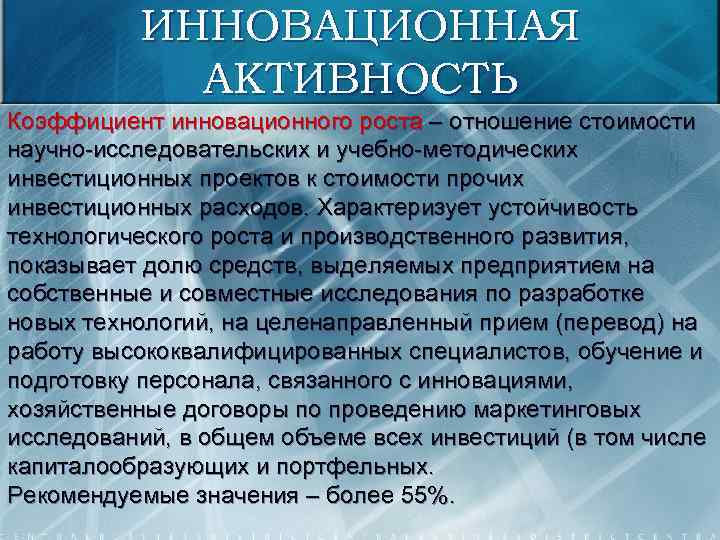 ИННОВАЦИОННАЯ АКТИВНОСТЬ Коэффициент инновационного роста – отношение стоимости научно-исследовательских и учебно-методических инвестиционных проектов к