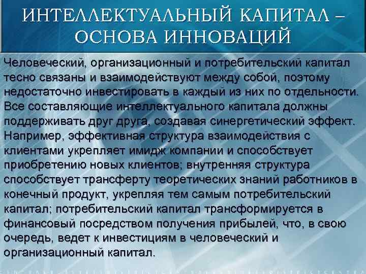ИНТЕЛЛЕКТУАЛЬНЫЙ КАПИТАЛ – ОСНОВА ИННОВАЦИЙ Человеческий, организационный и потребительский капитал тесно связаны и взаимодействуют